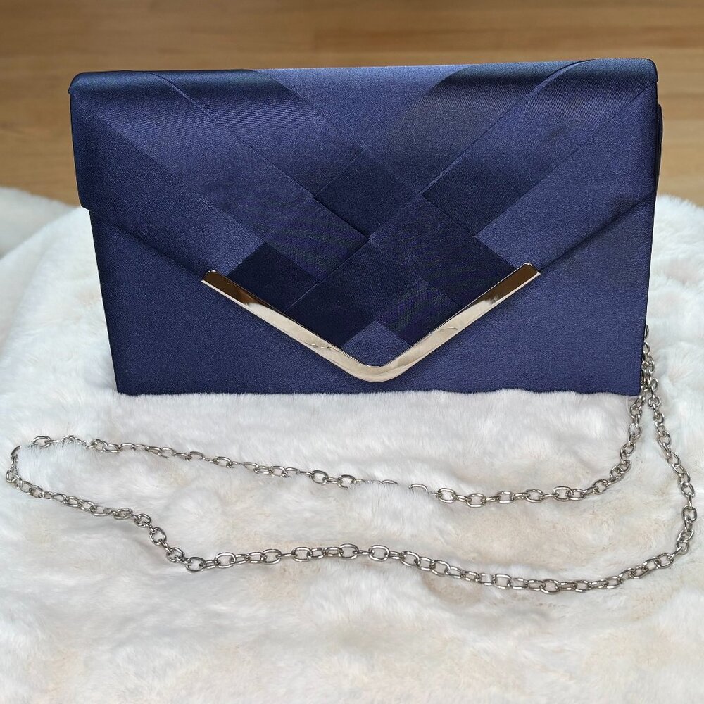 La Regale Crisscross Navy Blue Satin Structured Envelope (Clutch/ Shoulder Bag/